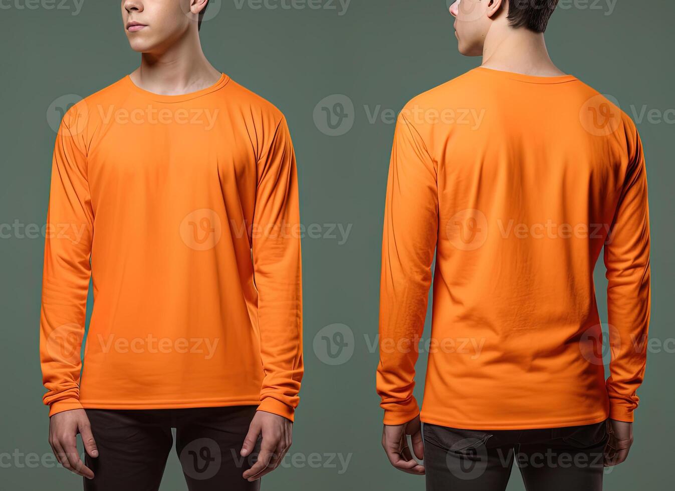 Man wearing a orange T-shirt with long sleeves. Front and back view. photo