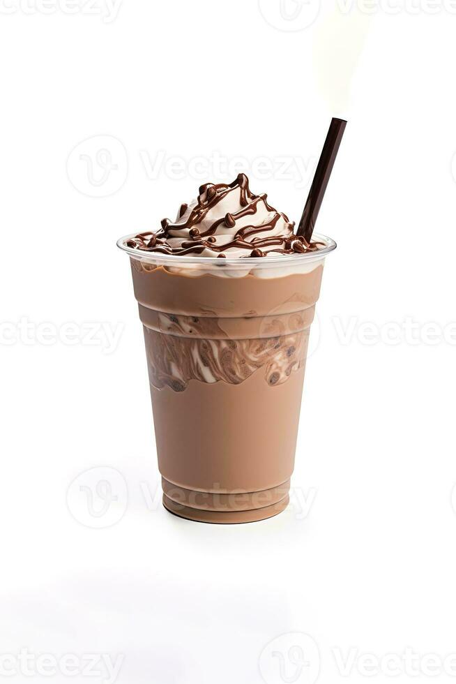 Chocolate milkshake in plastic takeaway cup isolated on white background. ai generated photo