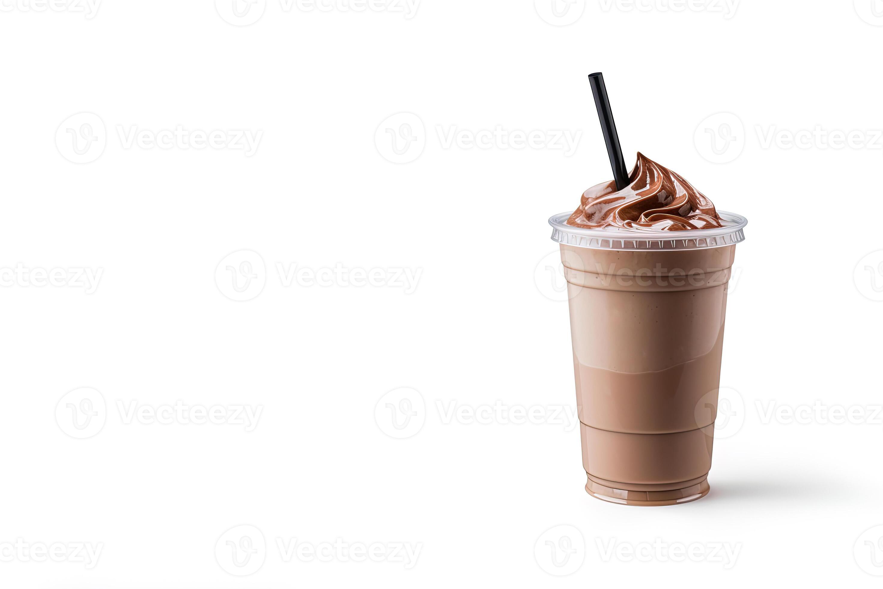 Glass cup of chocolate milk with a straw isolated on white Stock