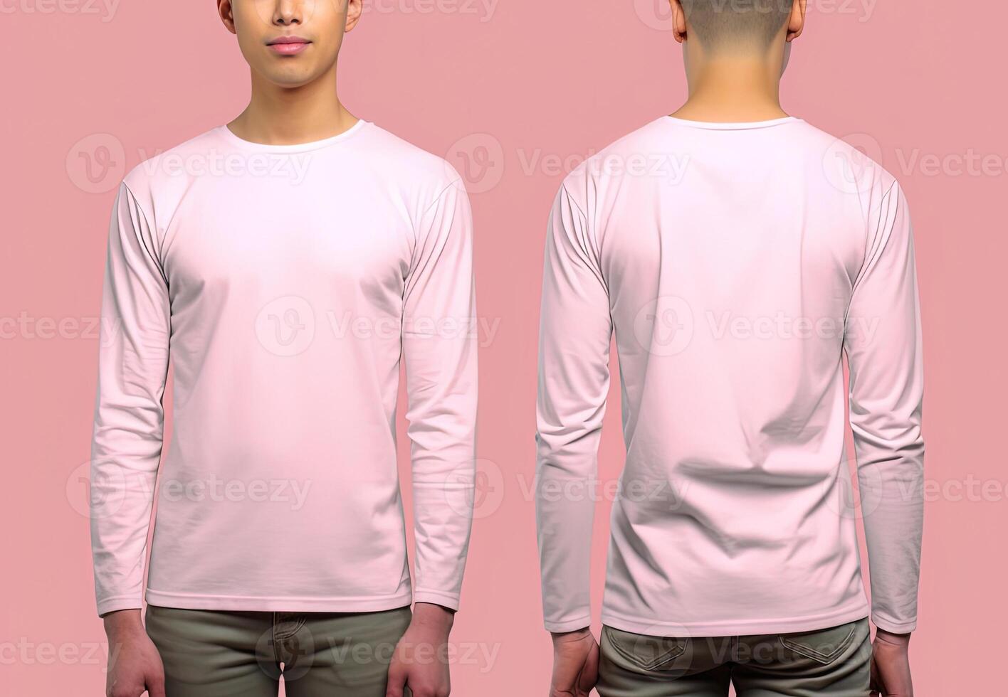 Man wearing a pink T-shirt with long sleeves. Front and back view. photo