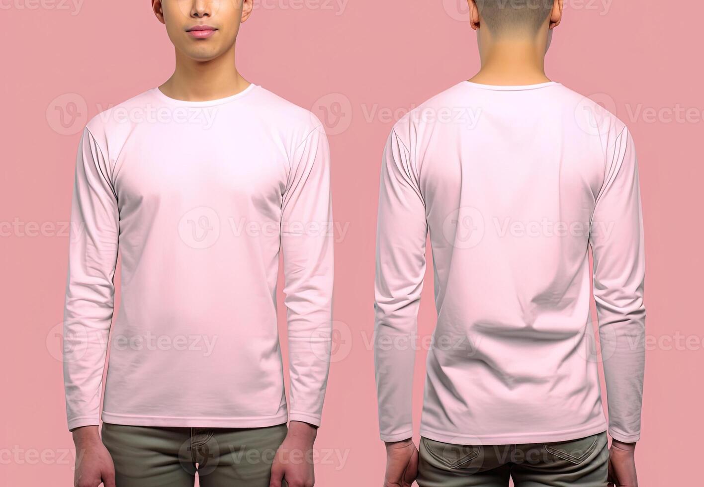 Man wearing a pink T-shirt with long sleeves. Front and back view. ai generated photo