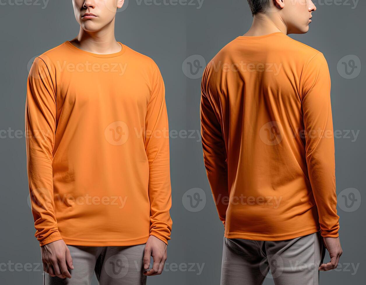 Man wearing a orange T-shirt with long sleeves. Front and back view. photo