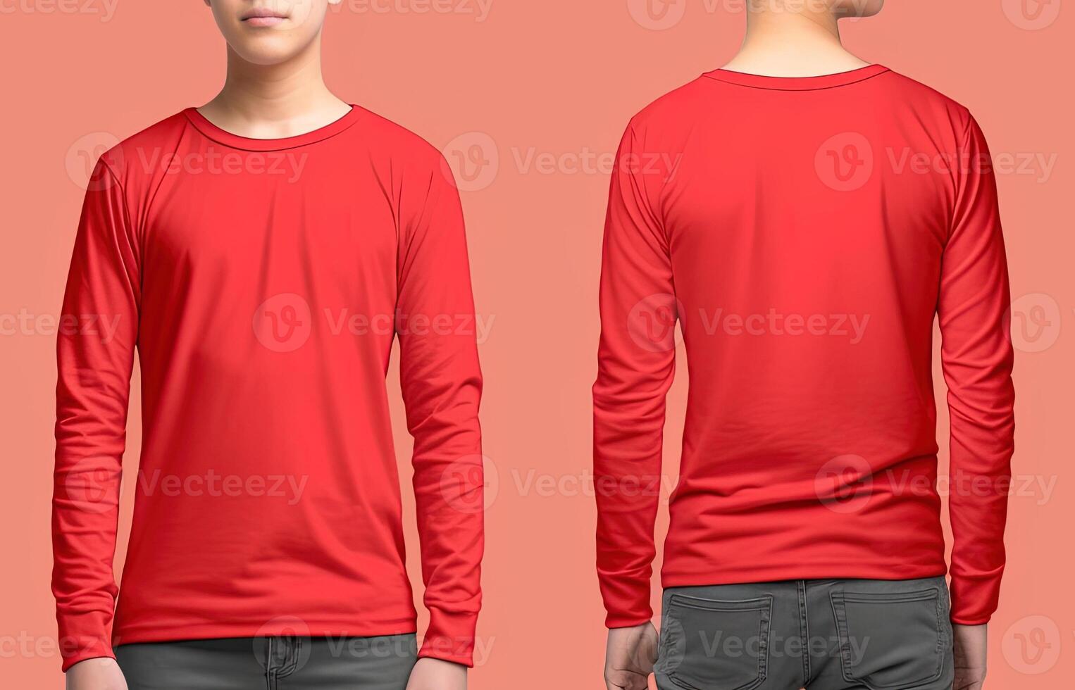 Man wearing a red T-shirt with long sleeves. Front and back view. photo