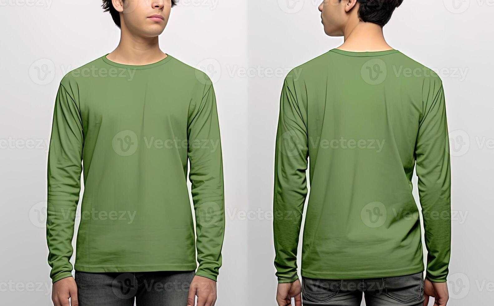 Man wearing a green T-shirt with long sleeves. Front and back view. photo