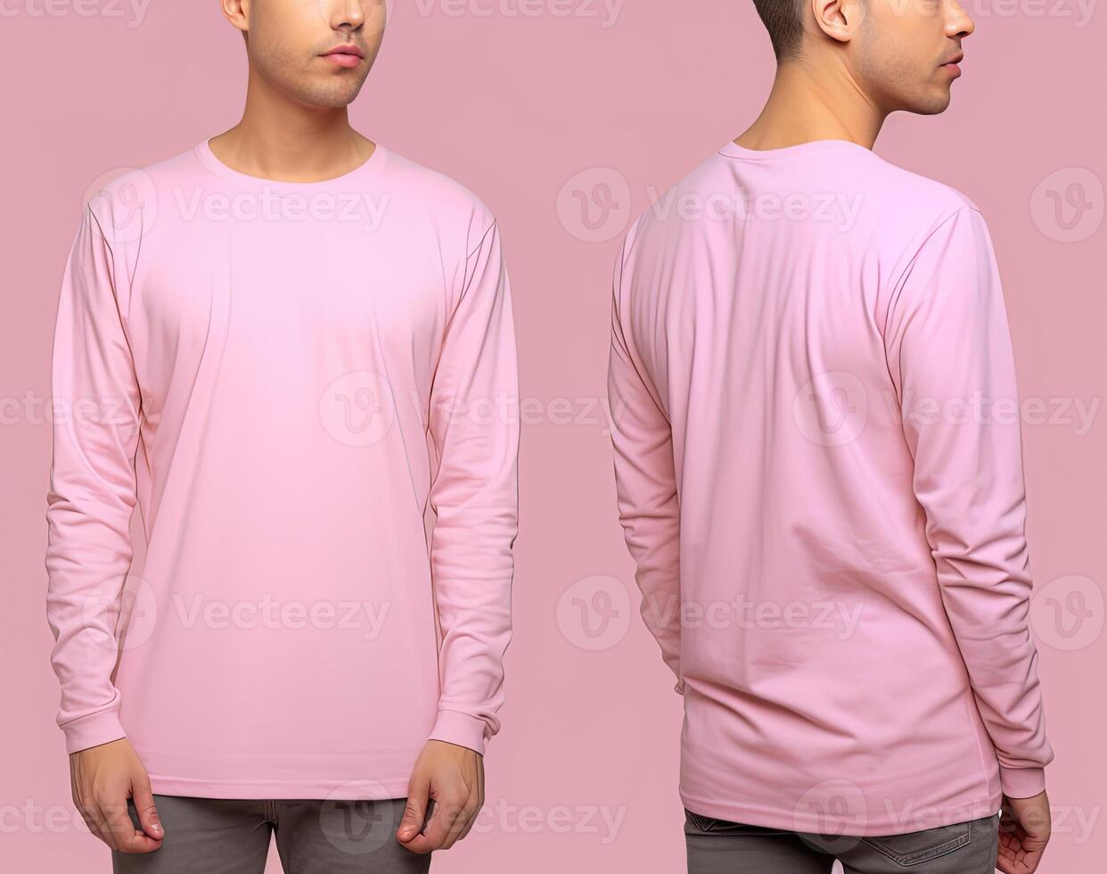 Man wearing a pink T-shirt with long sleeves. Front and back view. photo