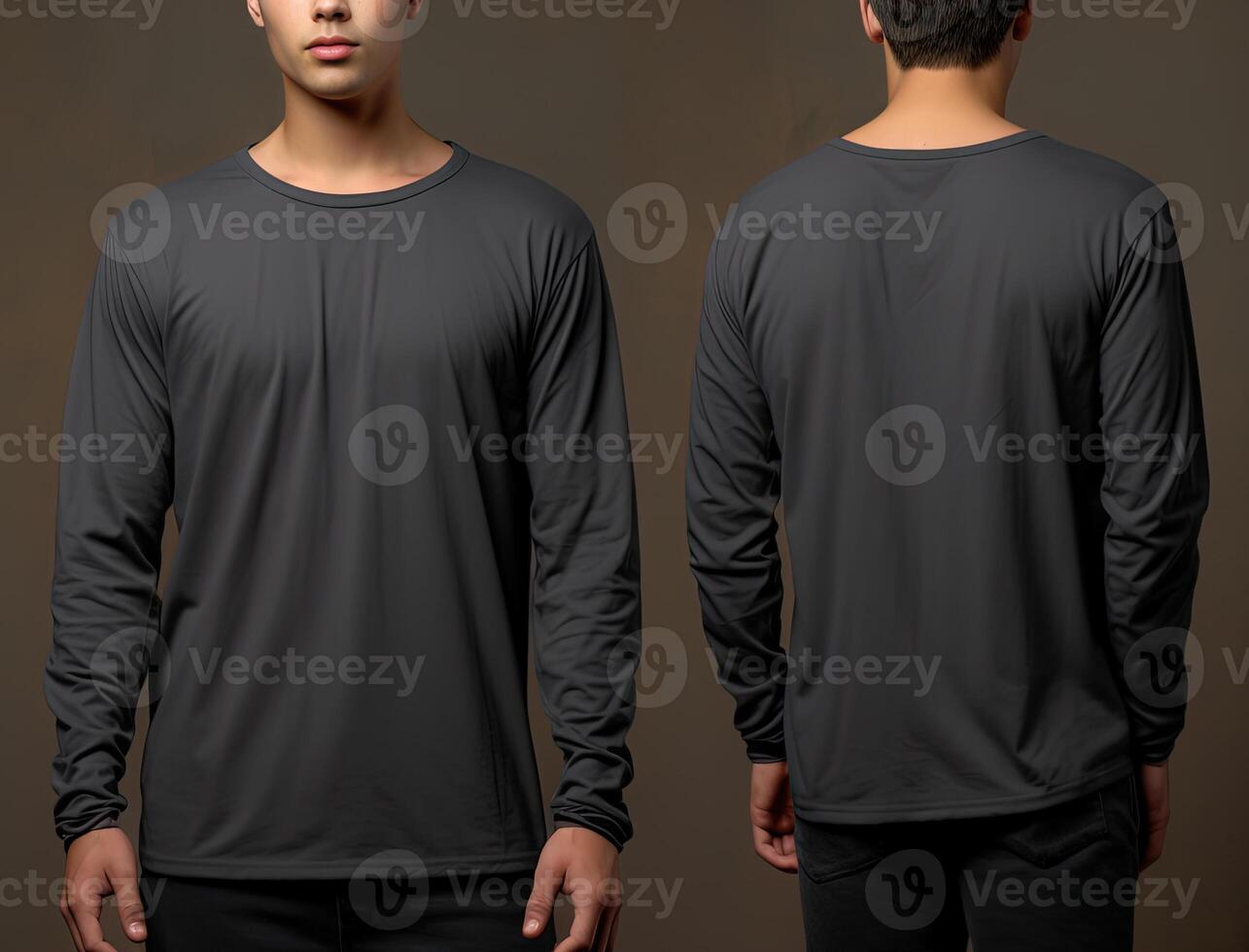 Man wearing a grey T-shirt with long sleeves. Front and back view. photo
