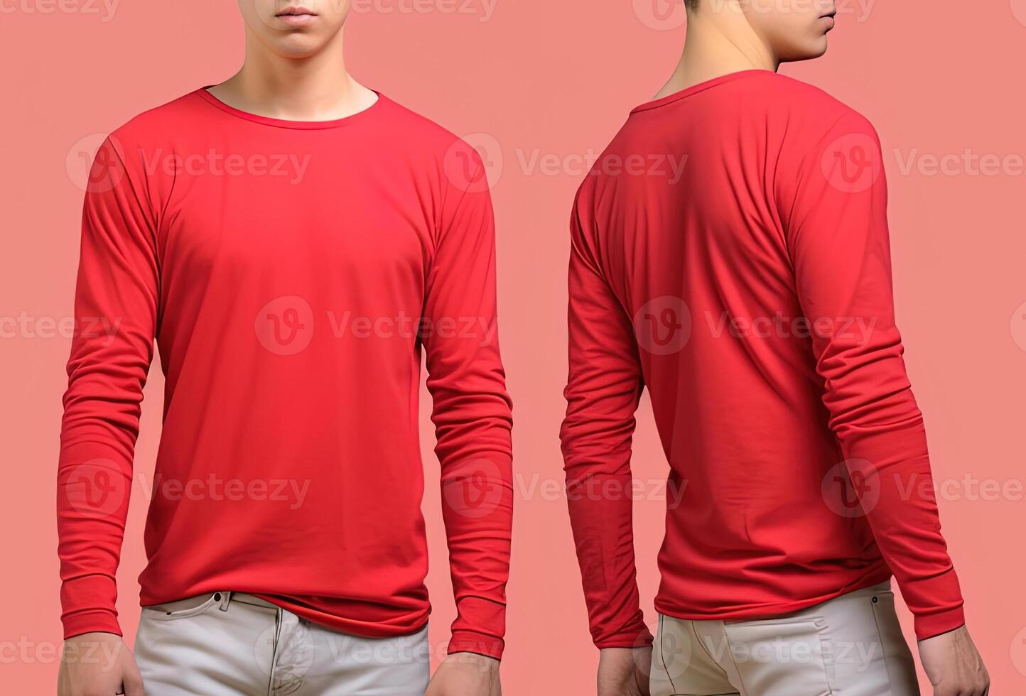 Man wearing a red T-shirt with long sleeves. Front and back view. photo