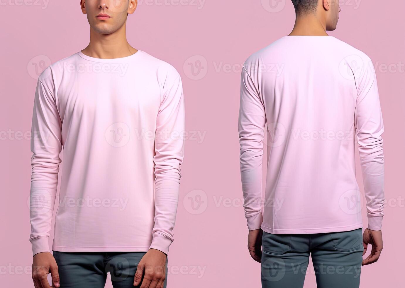 Man wearing a pink T-shirt with long sleeves. Front and back view. photo