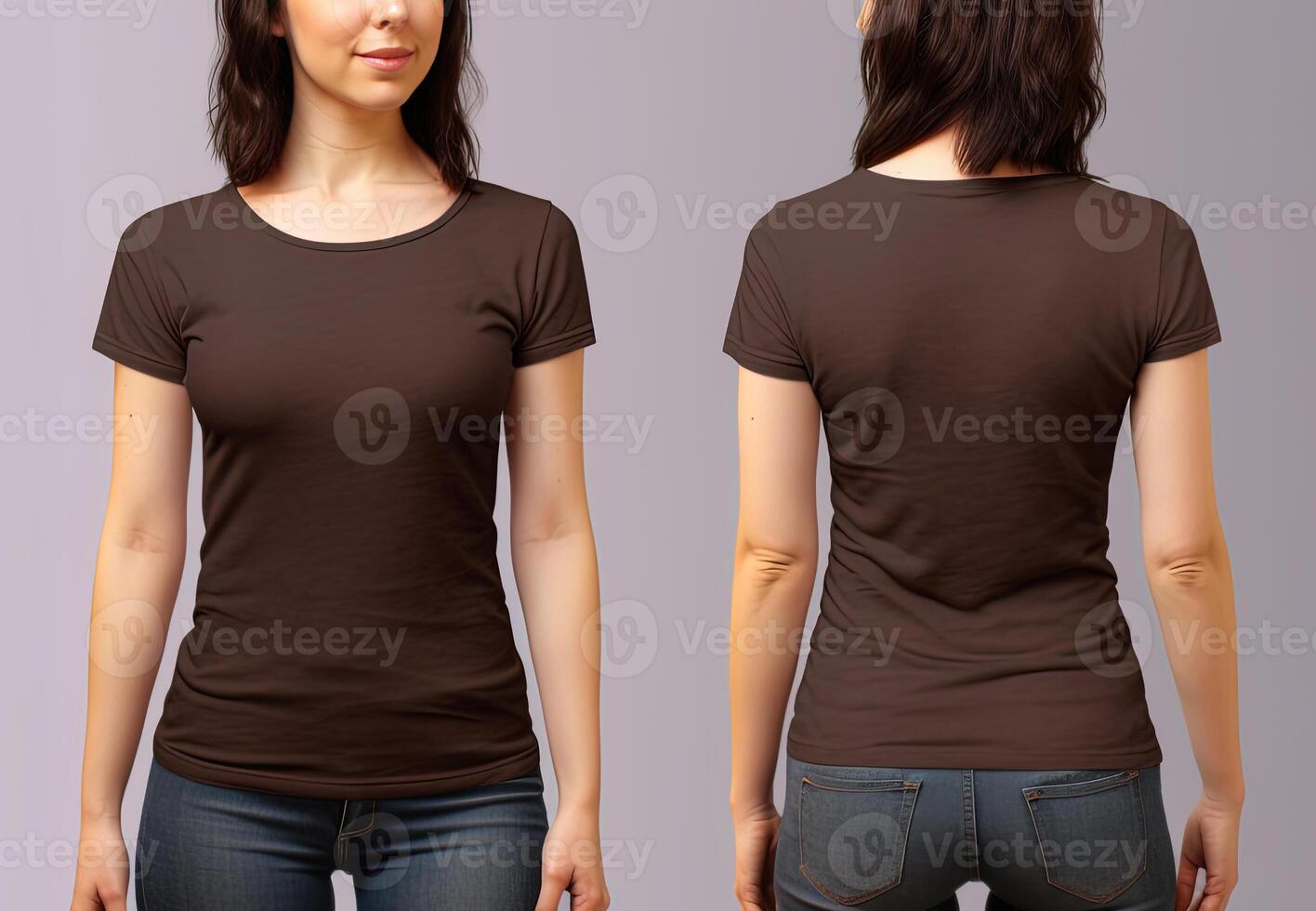 Photo realistic female brown t-shirts with copy space, front, and back view.