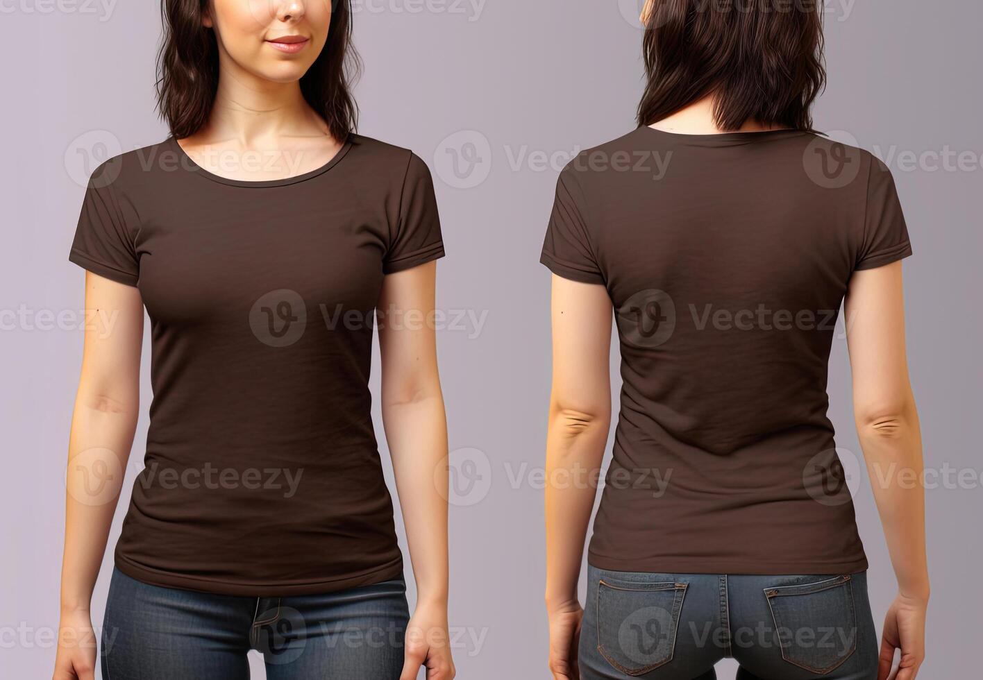 Photo realistic female brown t-shirts with copy space, front, and back view. ai generated