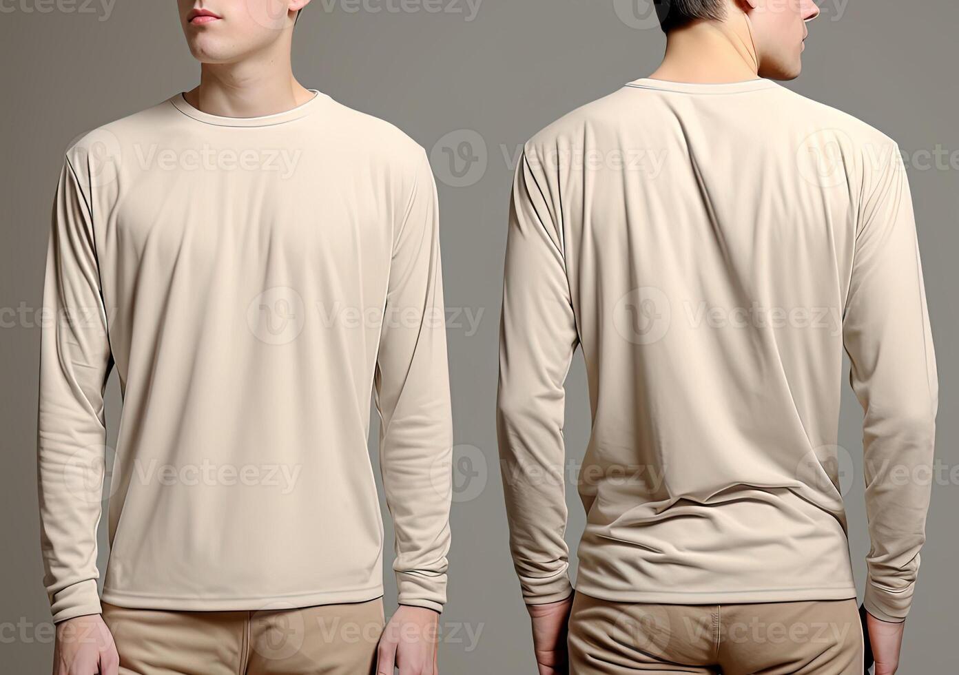 Man wearing a beige T-shirt with long sleeves. Front and back view. photo