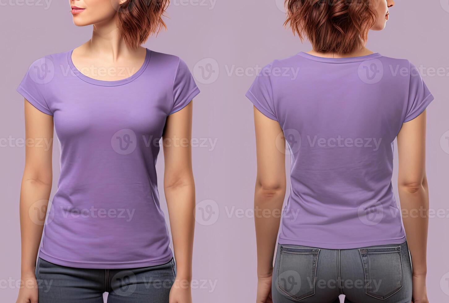 Photo realistic female purple t-shirts with copy space, front, and back view.