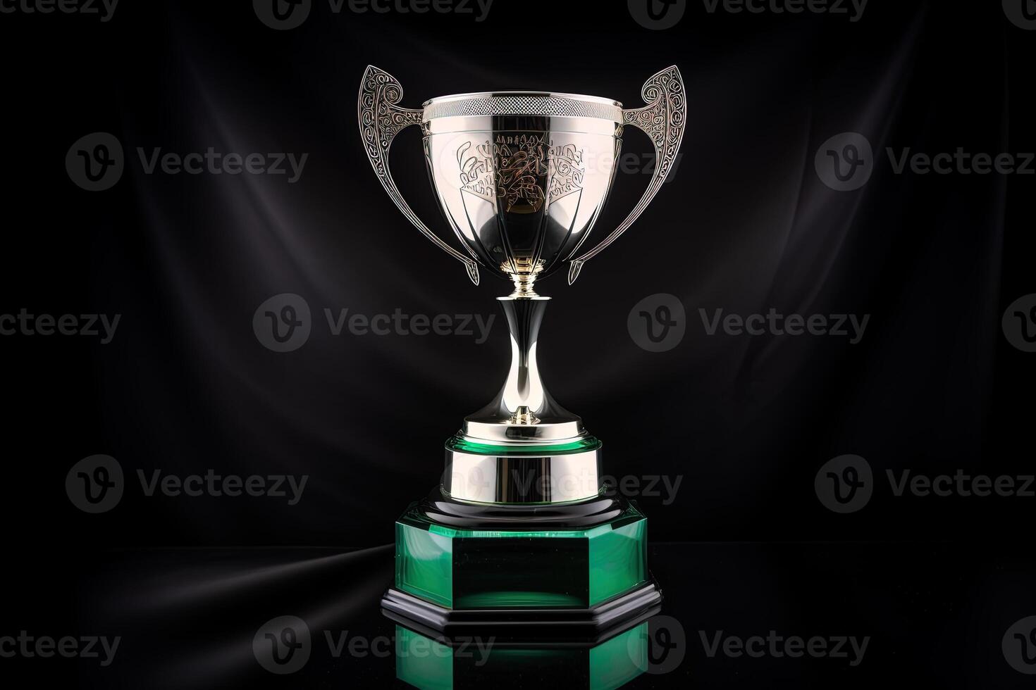 Silver glowing trophy cup on dark background. Concept of success and achievement photo