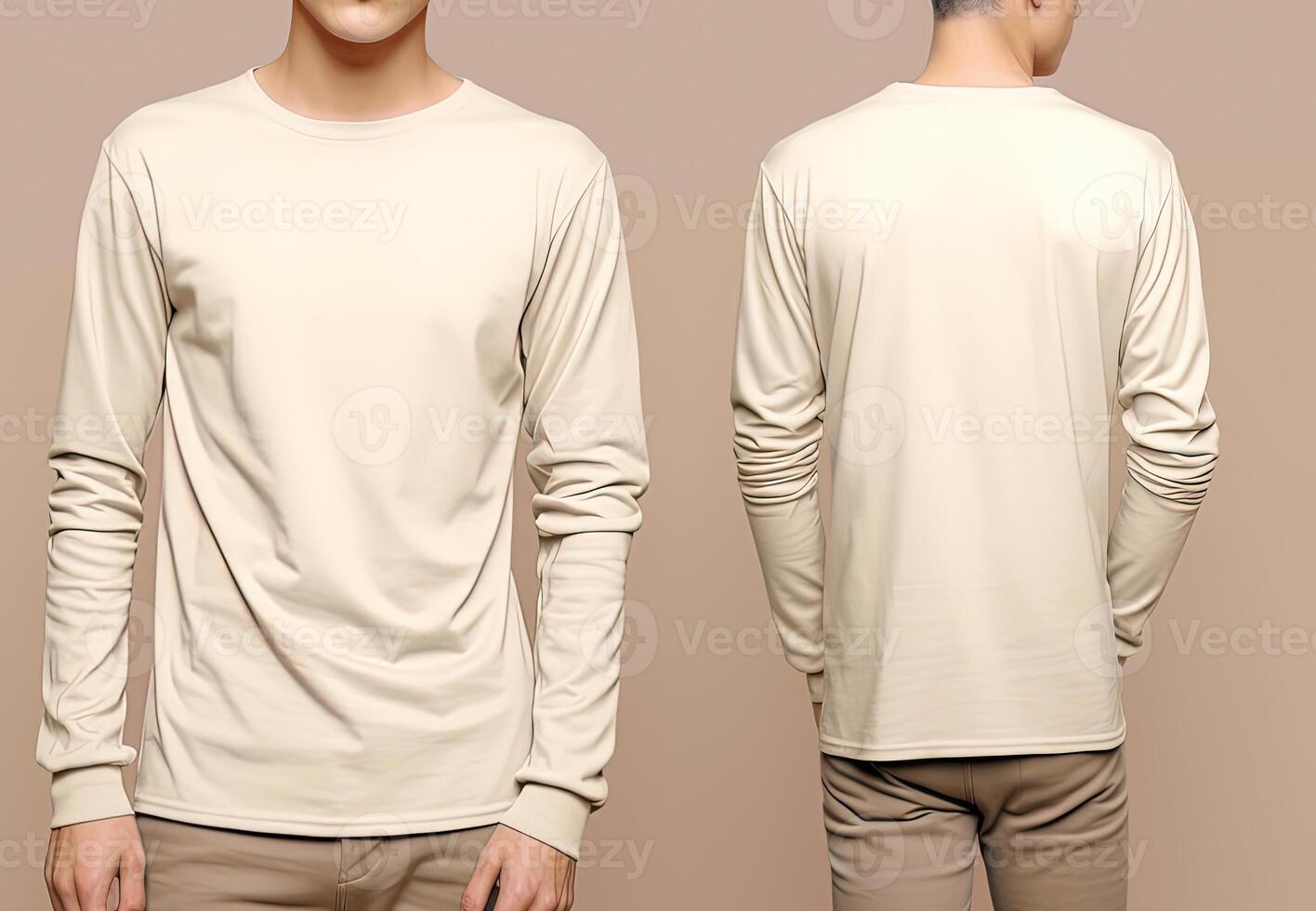 Man wearing a beige T-shirt with long sleeves. Front and back view. photo