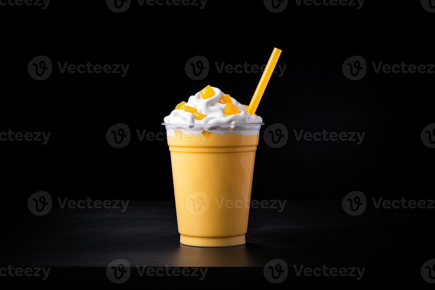 Mango smoothie milkshake in plastic takeaway cup isolated on dark background. photo