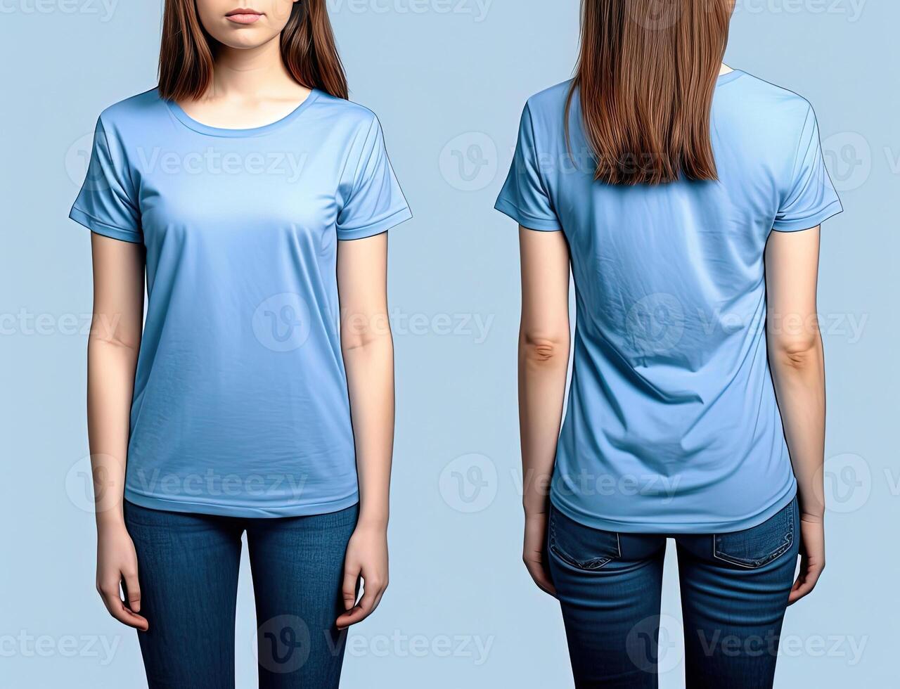 Photo realistic female blue t-shirts with copy space, front, and back view.