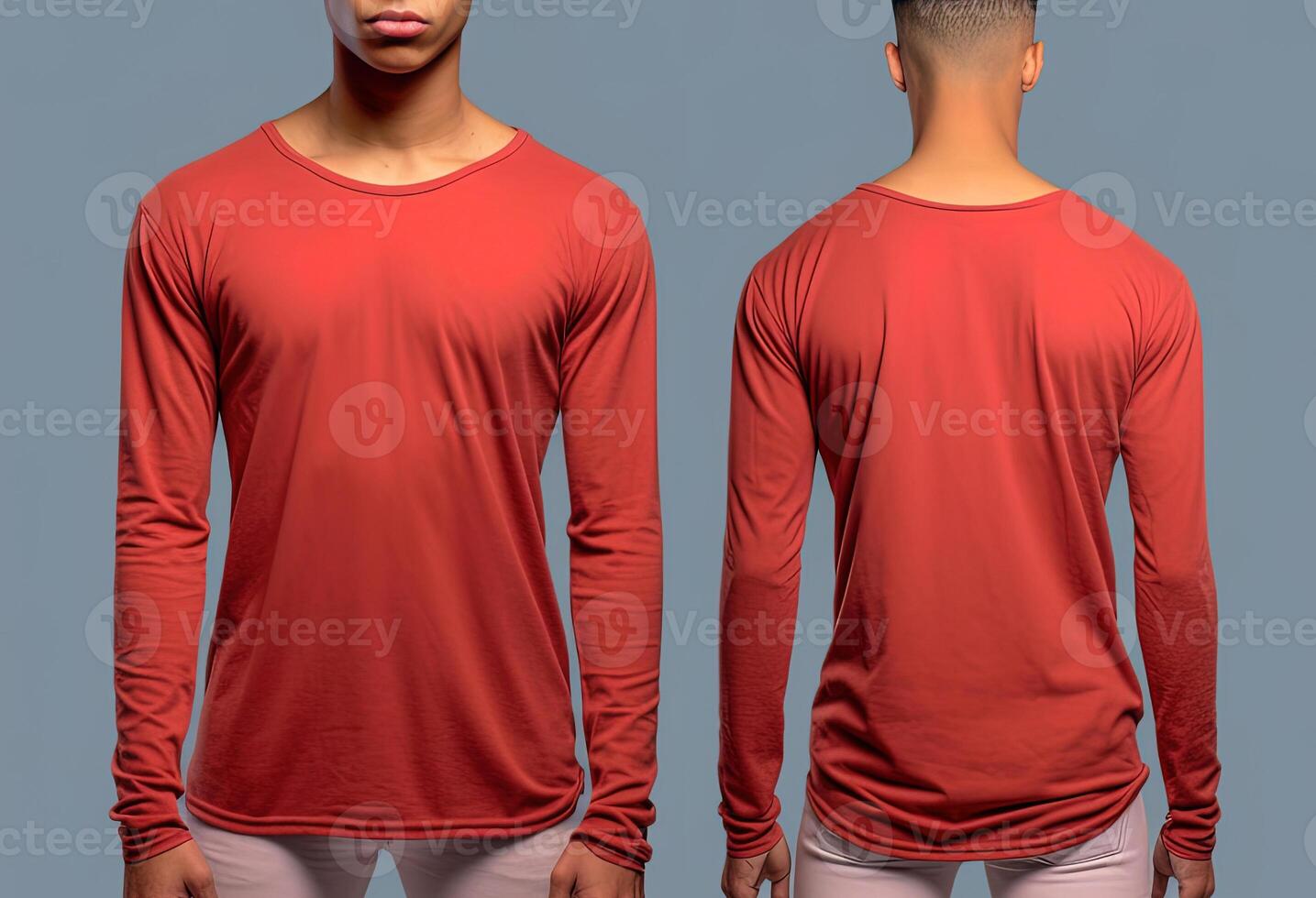 Man wearing a red T-shirt with long sleeves. Front and back view. photo