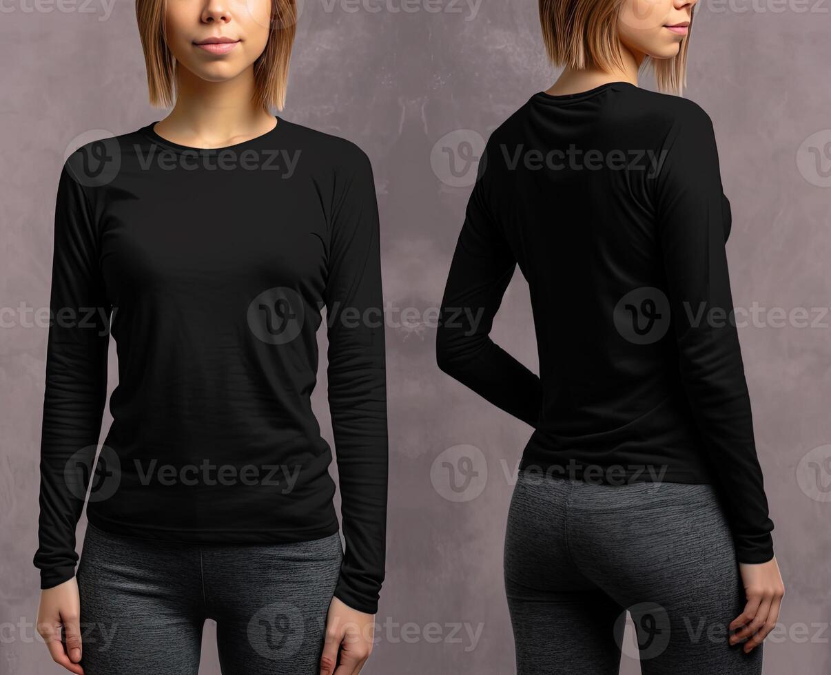 Woman wearing a black T-shirt with long sleeves. Front and back view. ai generated photo