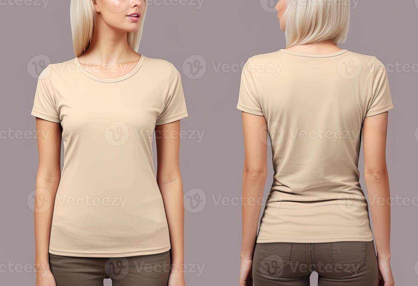 Photo realistic female beige t-shirts with copy space, front, and back view.