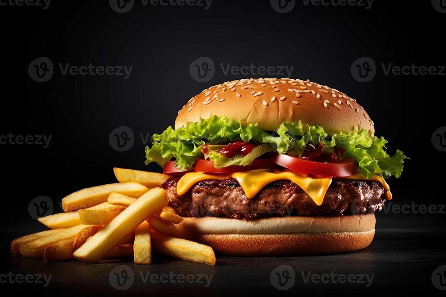 fresh tasty burger and french fries on dark background. ai generated photo