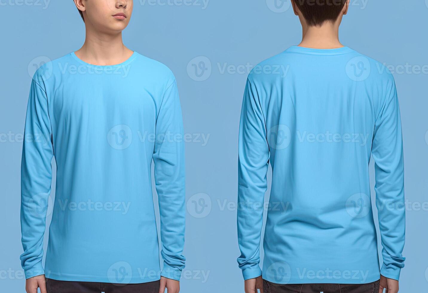 Man wearing a blue T-shirt with long sleeves. Front and back view. photo