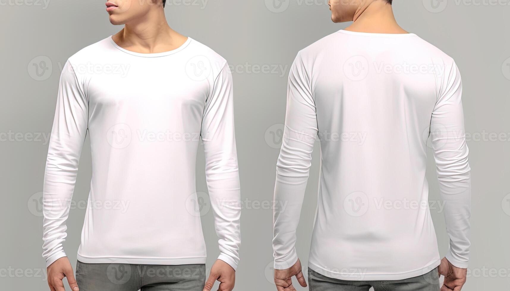 Man wearing a white T-shirt with long sleeves. Front and back view. photo