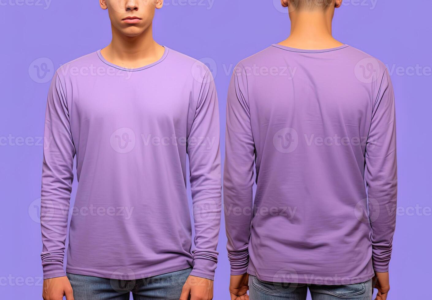 Man wearing a purple T-shirt with long sleeves. Front and back view. photo