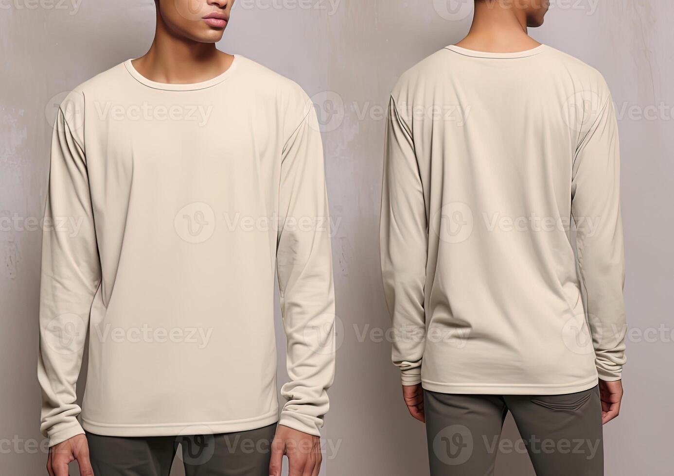 Man wearing a beige T-shirt with long sleeves. Front and back view. photo
