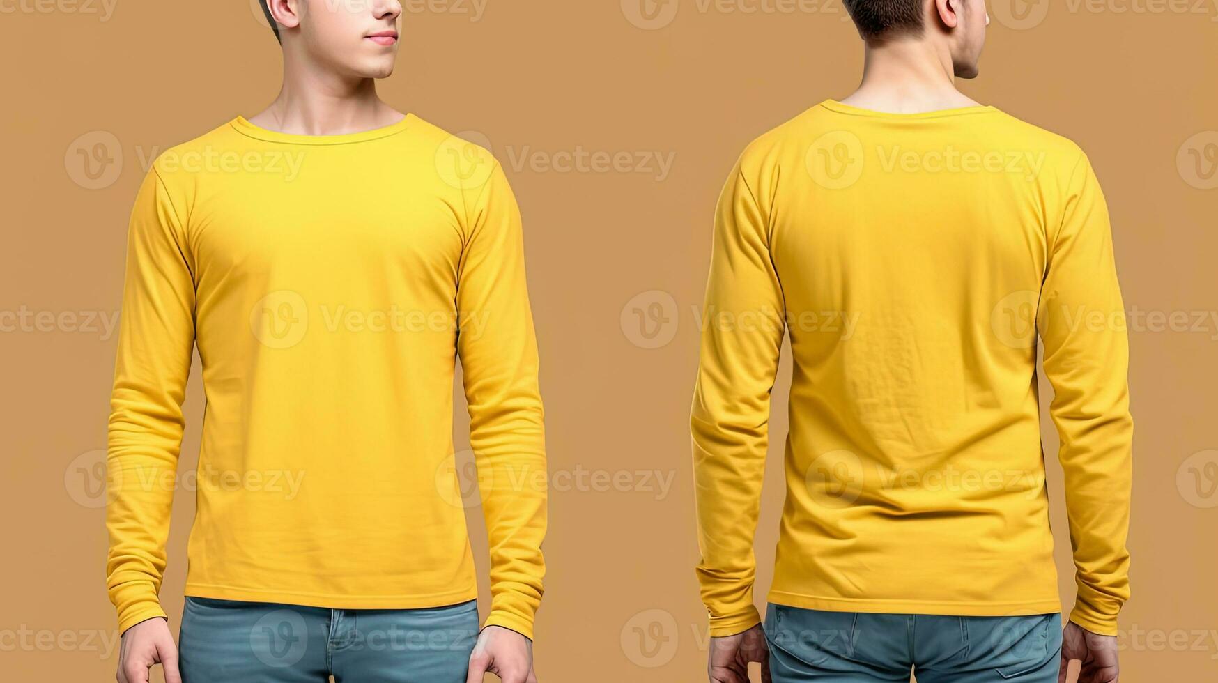 hombre vistiendo un amarillo camiseta con largo mangas frente y espalda vista. ai generado foto