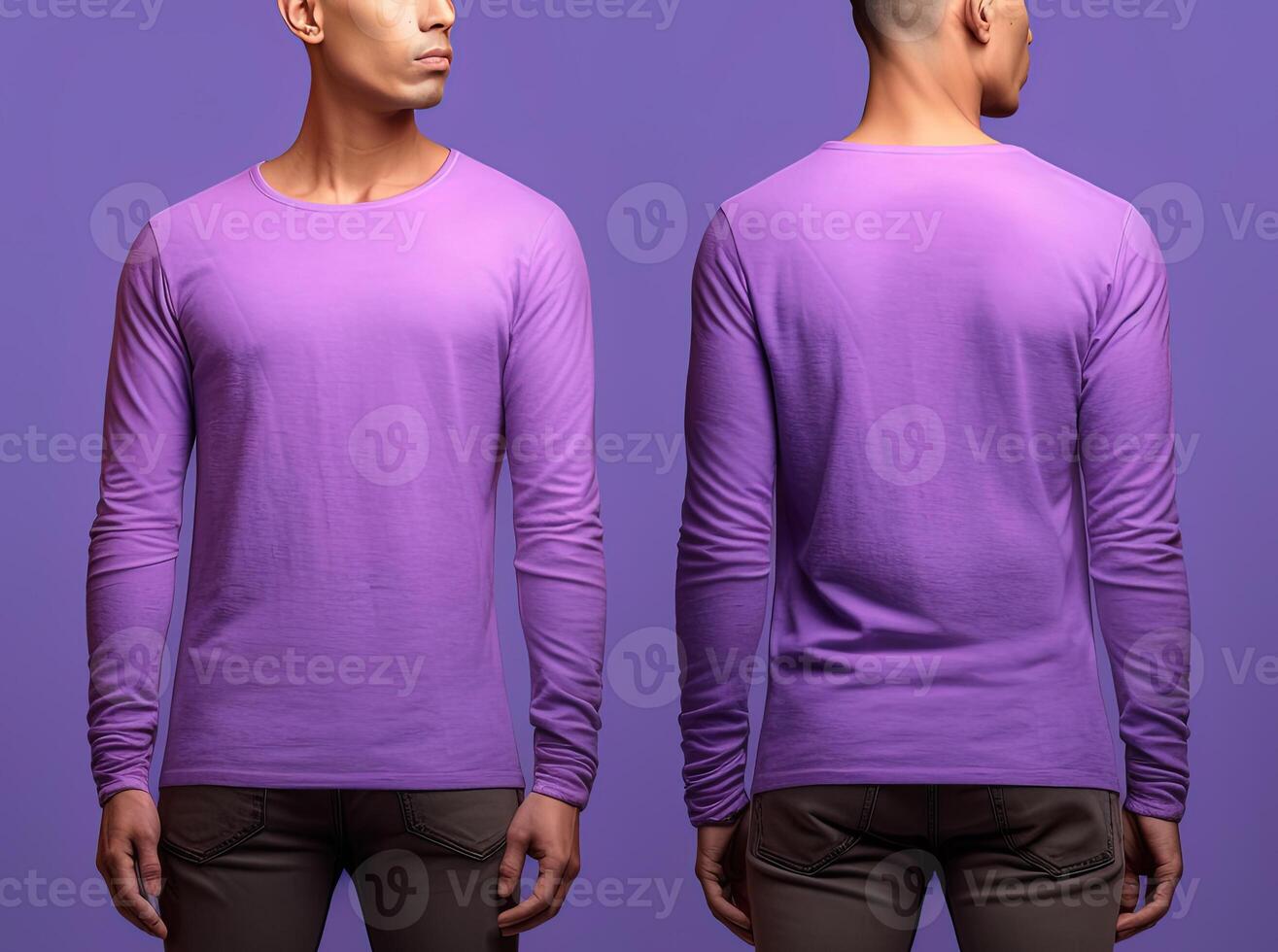 Man wearing a purple T-shirt with long sleeves. Front and back view. photo
