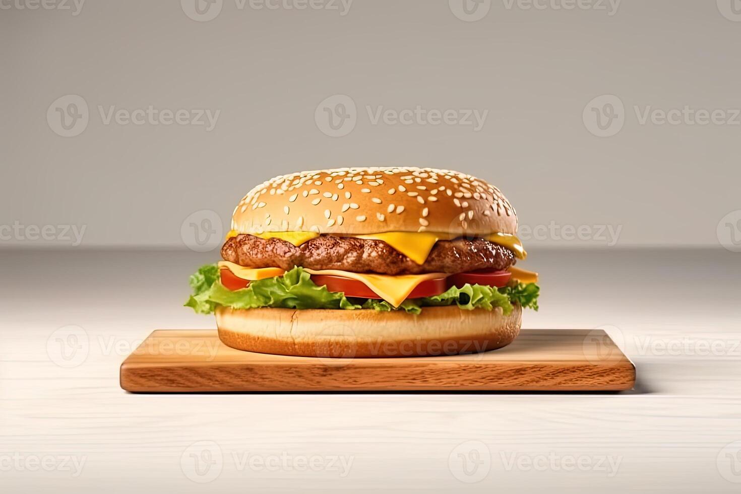 Fresh tasty cheeseburger on wooden board. ai generated photo