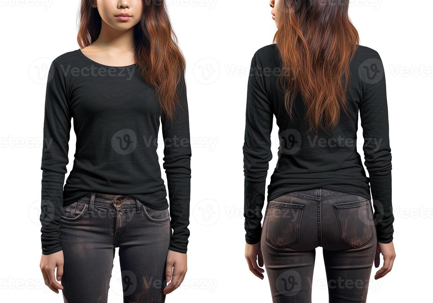 Woman wearing a black T-shirt with long sleeves. Front and back view. ai generated photo