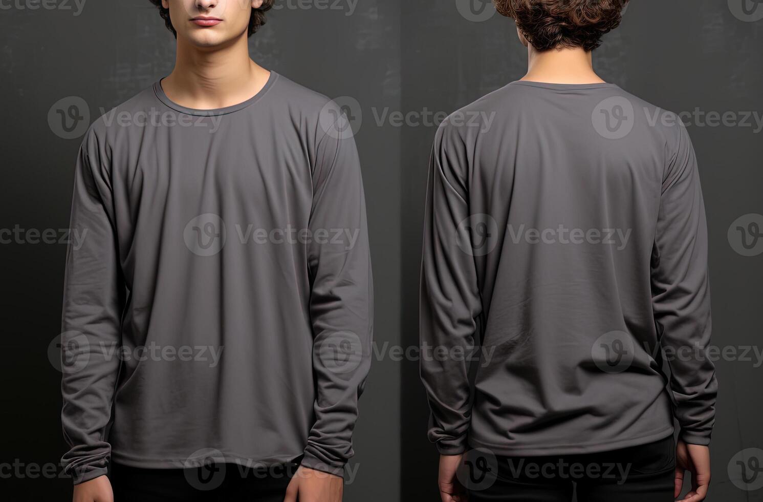 Man wearing a grey T-shirt with long sleeves. Front and back view. photo