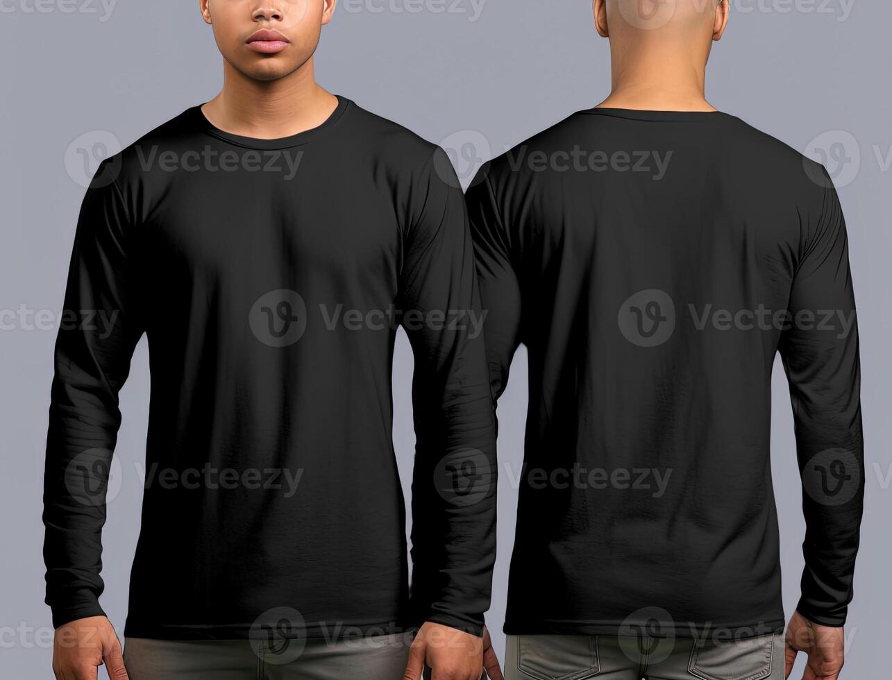 Man wearing a black T-shirt with long sleeves. Front and back view. photo