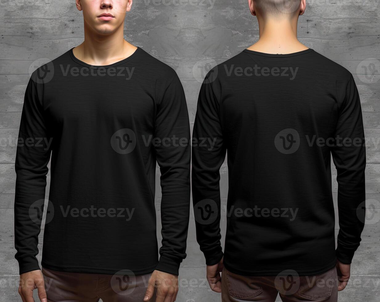 Man wearing a black T-shirt with long sleeves. Front and back view. photo