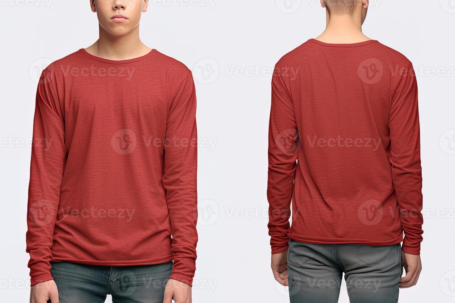 Man wearing a red T-shirt with long sleeves. Front and back view. photo
