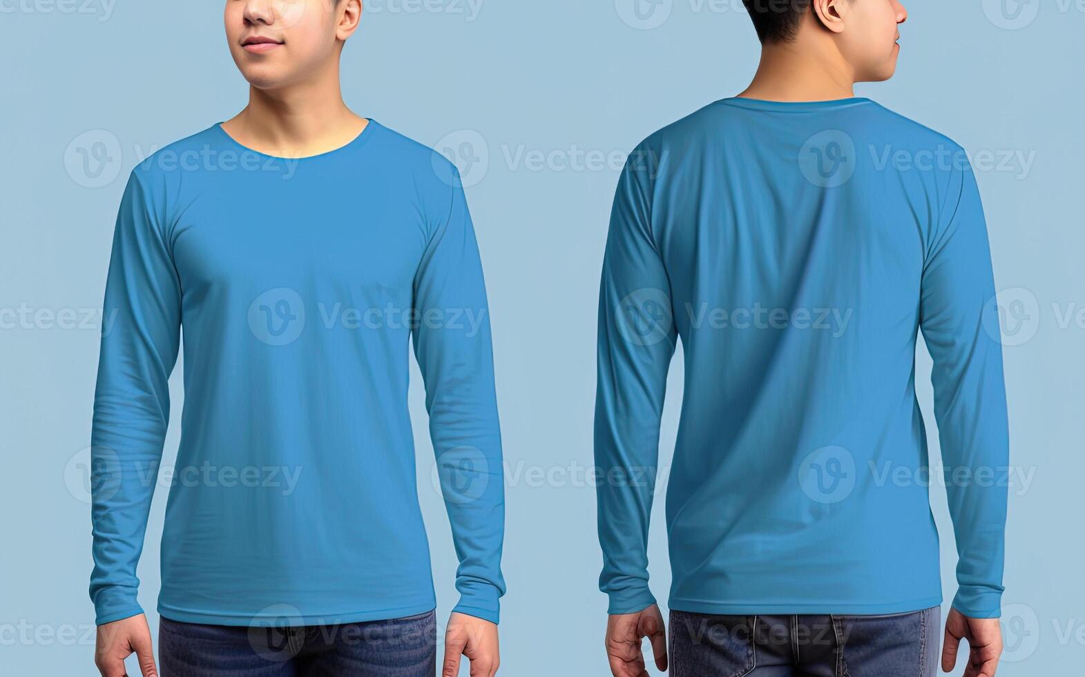 Man wearing a blue T-shirt with long sleeves. Front and back view. photo