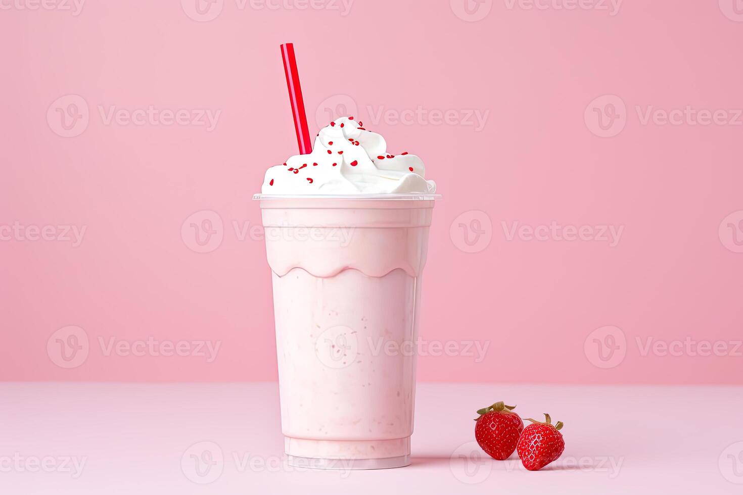 Strawberry milkshake in plastic takeaway cup isolated on pink background. ai generated photo