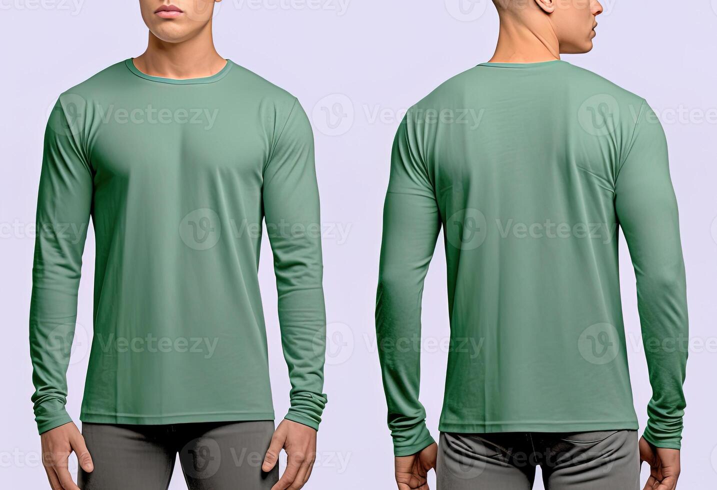 Man wearing a green T-shirt with long sleeves. Front and back view. photo