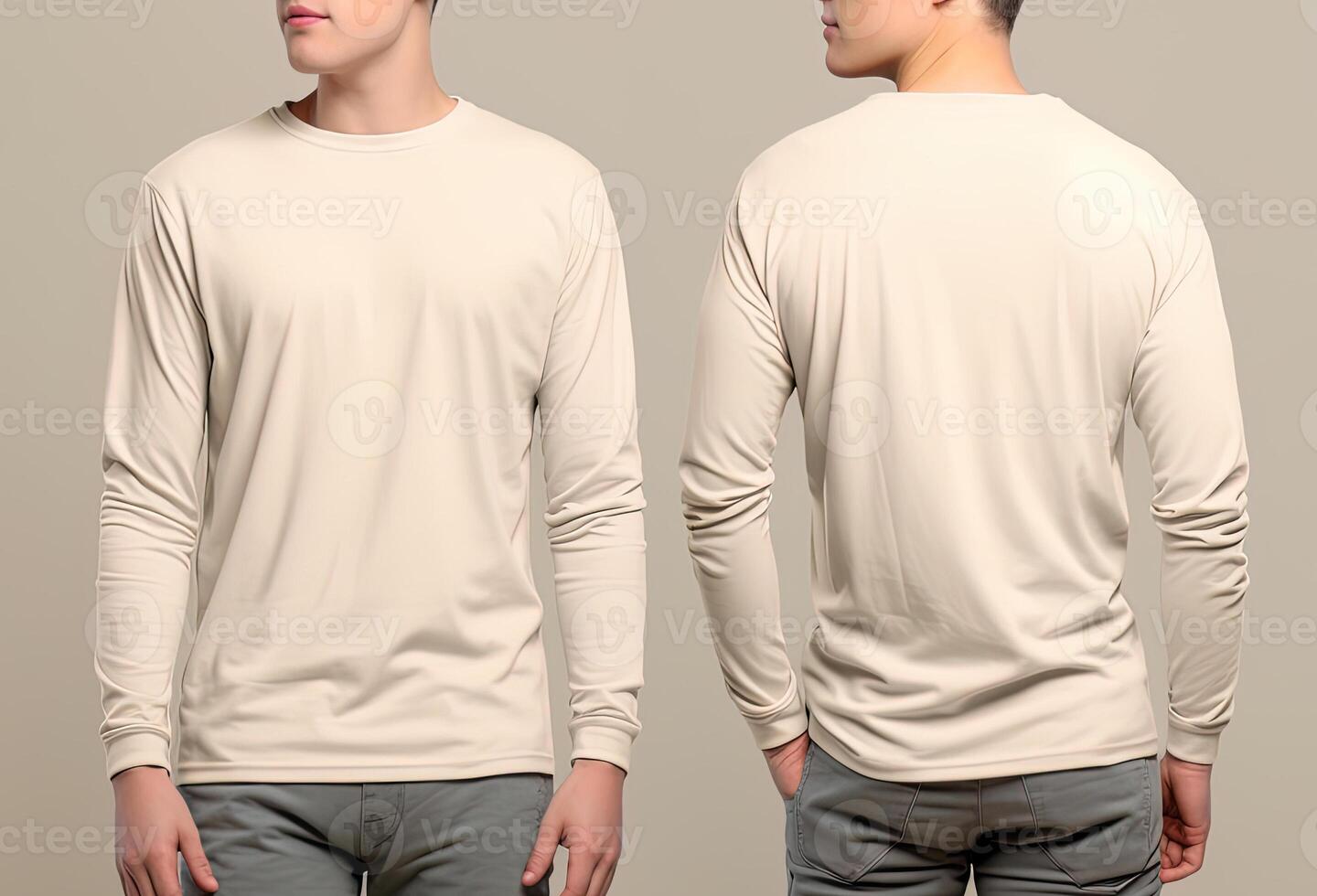 Man wearing a beige T-shirt with long sleeves. Front and back view. photo