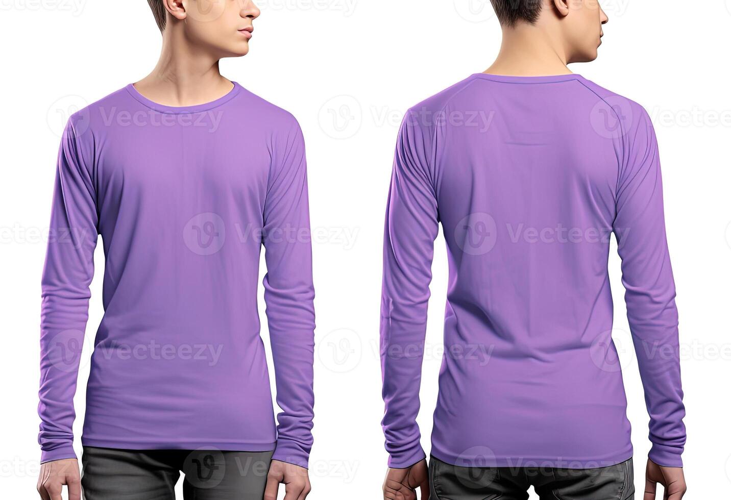 Man wearing a purple T-shirt with long sleeves. Front and back view. photo