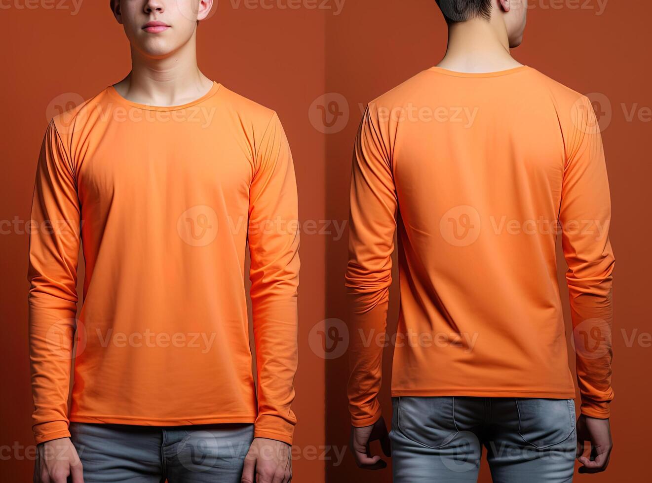 Man wearing a orange T-shirt with long sleeves. Front and back view. photo