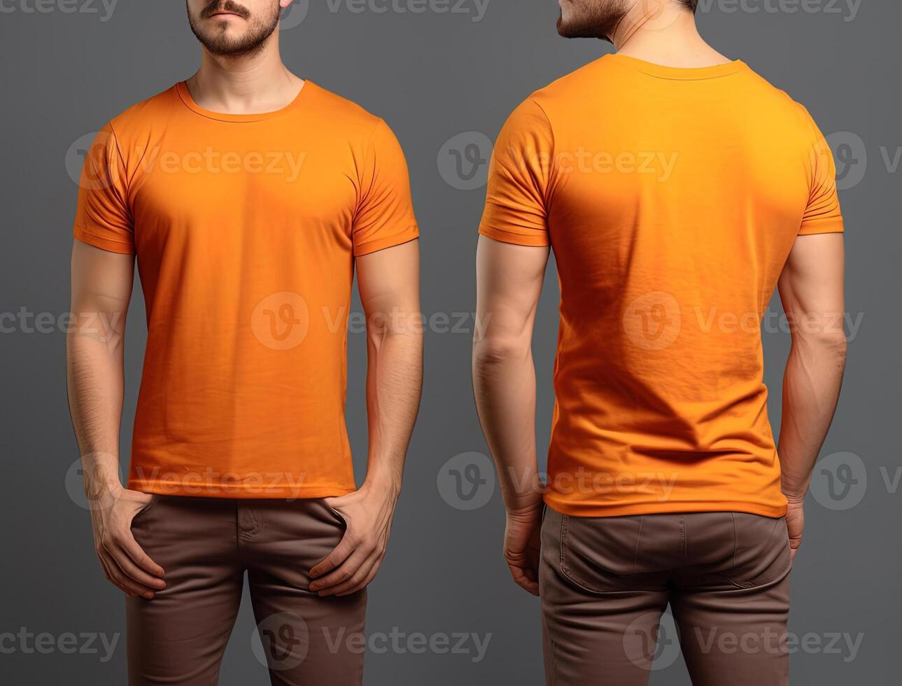 Photo realistic male orange t-shirts with copy space, front, and back view.