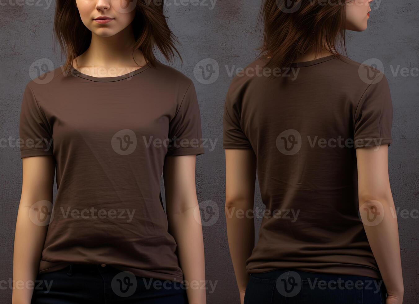 Photo realistic female brown t-shirts with copy space, front, and back view. ai generated