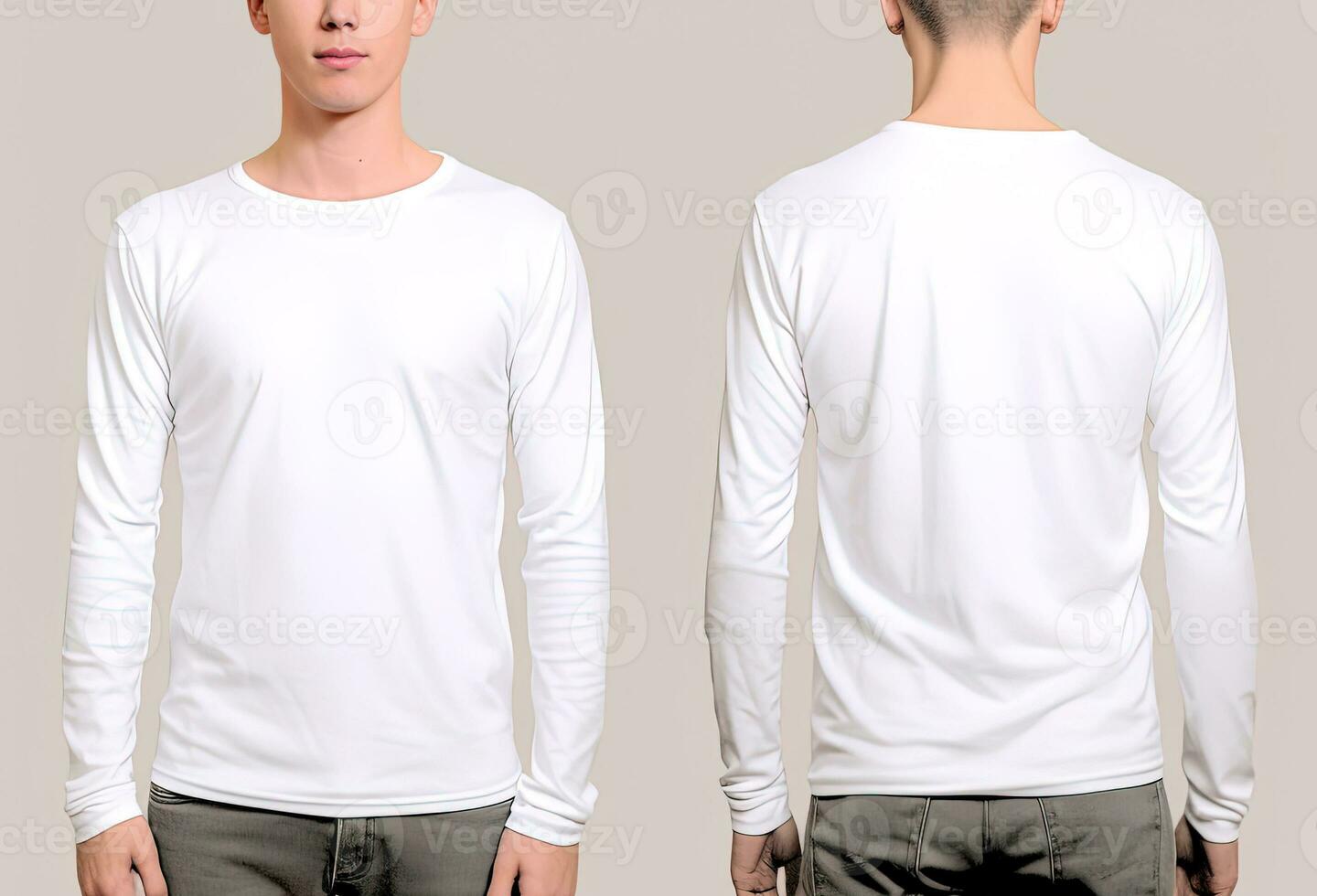 Man wearing a white T-shirt with long sleeves. Front and back view. ai generated photo