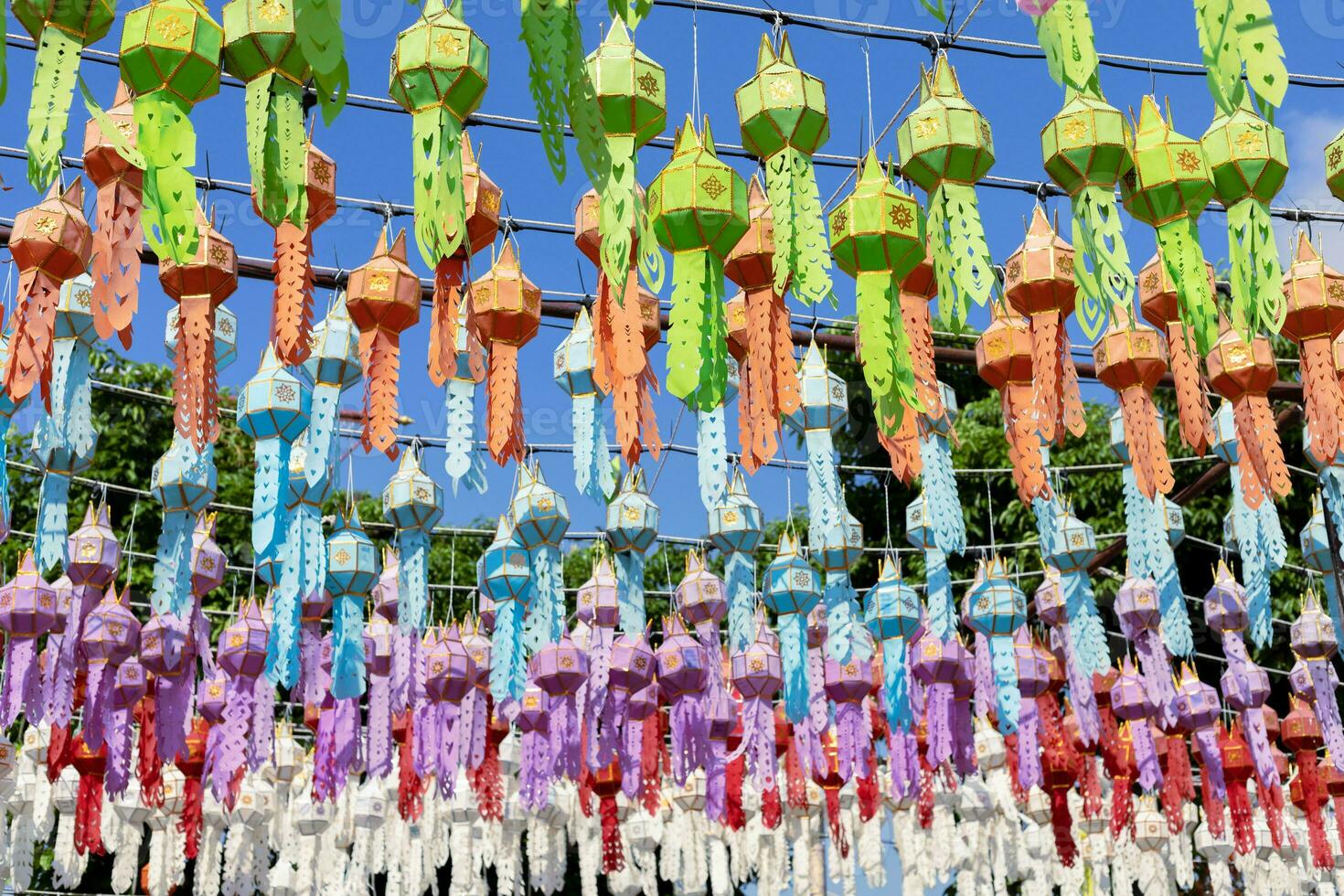 colorful hanging lanterns lighting in loy krathong and new year festival at northern of thailand photo