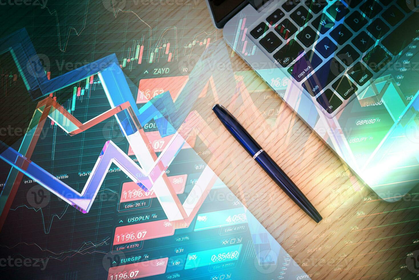 Technology, money and investment concept - laptop computer and with forex chart photo