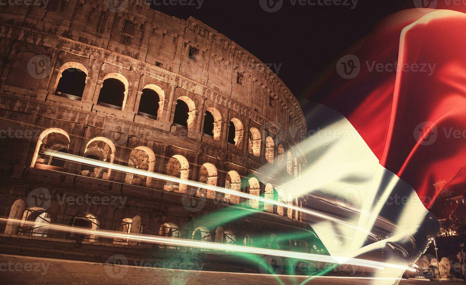 Double exposure of Italy flag and Colosseum. Rome, Italy at night. Long exposure photo. photo