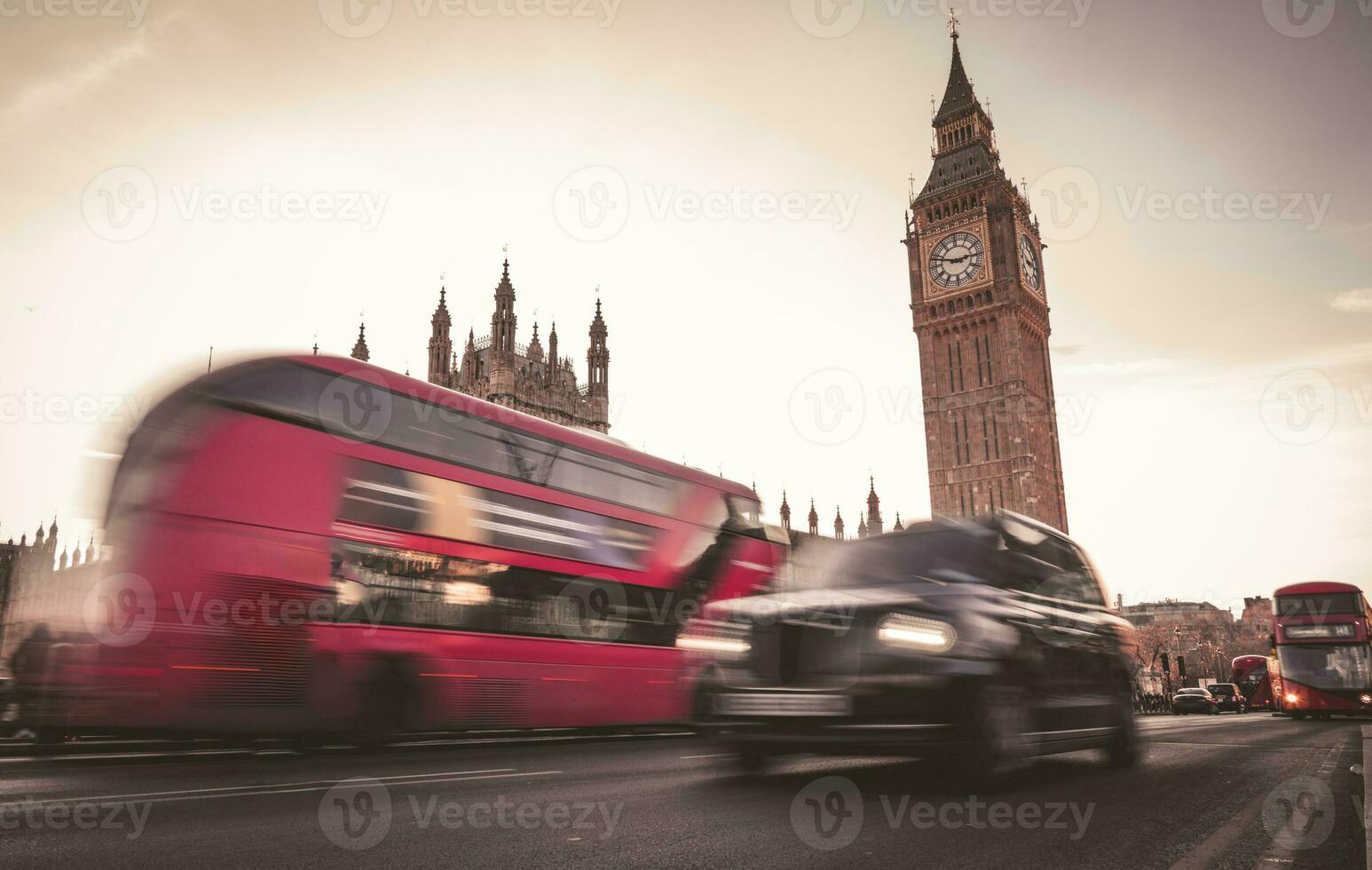 Big Ben. Red bus. British Taxi. Westminster Bridge. photo