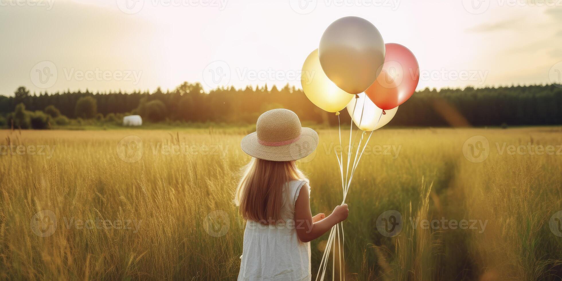 Happy child playing with bright multicolor balloons outdoor. Kid having fun in flower garden against twilight sky background. Vacation and travel concept, Generative AI photo